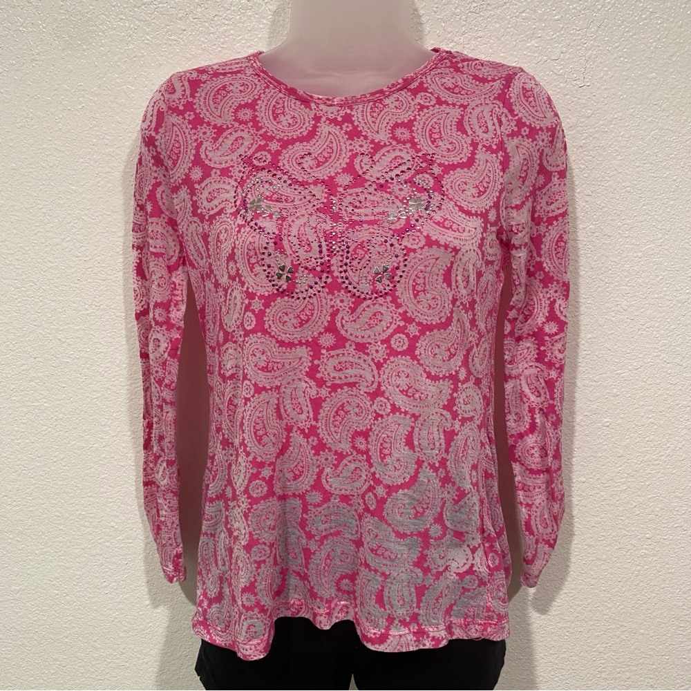 Kids Beautees Girls Pink White Butterfly Print Long Sleeve T-Shirt XL 16